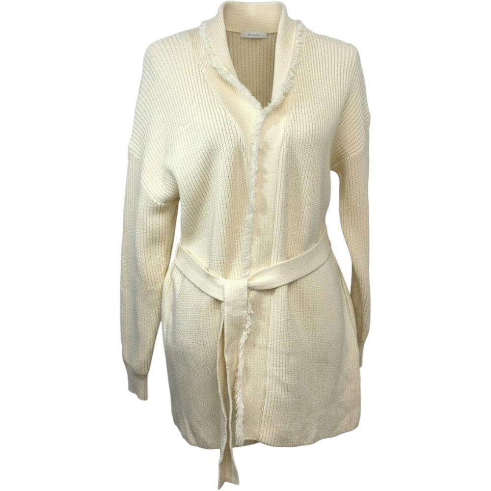 &Merci Waffle Knit Open Cardigan Cream Fringe Collar Belted Neutral SZ Small